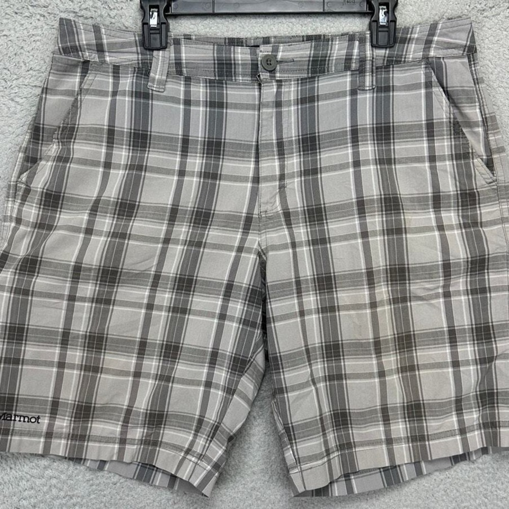Marmot Shorts Mens Size 36 Grey Plaid Casual Flat Front